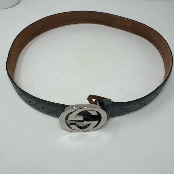 💯Authentic Gucci Grey Leather & Silver Interlocking GG Belt -size 85 - Picture 3 of 4